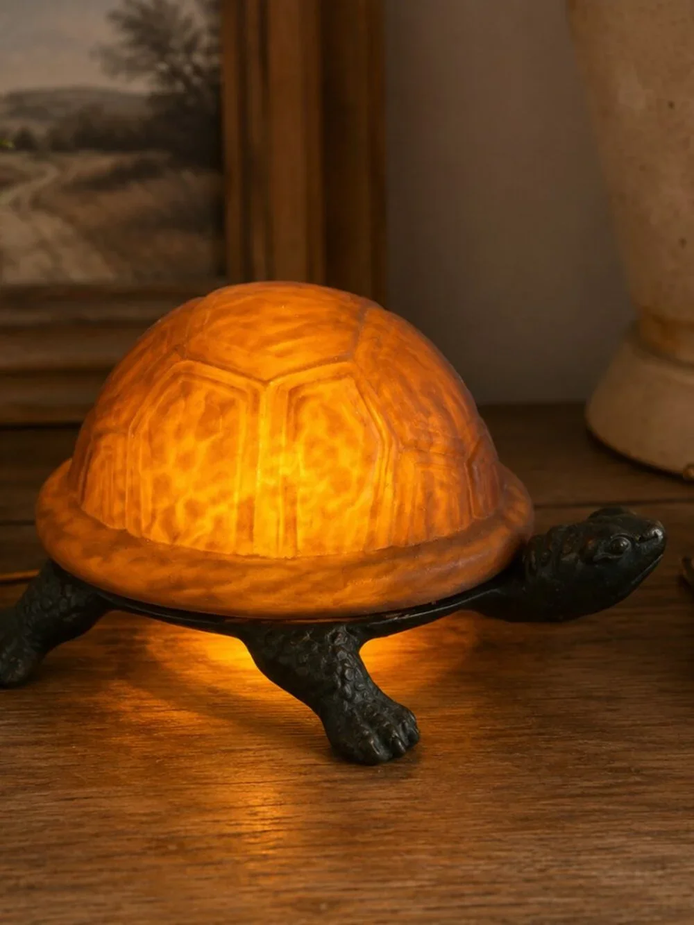 Vintage Amber Glass Turtle Lamp Bronze Tone Cast Metal 8.5